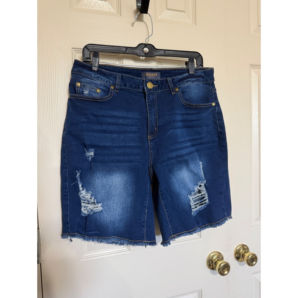 Deja Bleu Premium Womens Distressed Bermuda Denim Shorts Dark Wash Blue Size 14